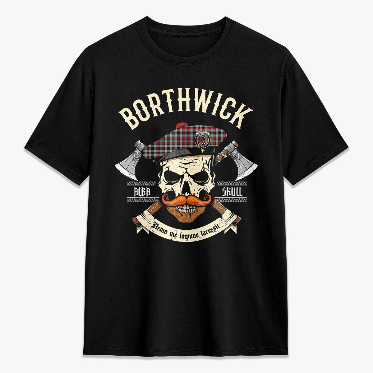 Borthwick Ancient Tartan Crest 2D T-shirt - Alba Skull Style