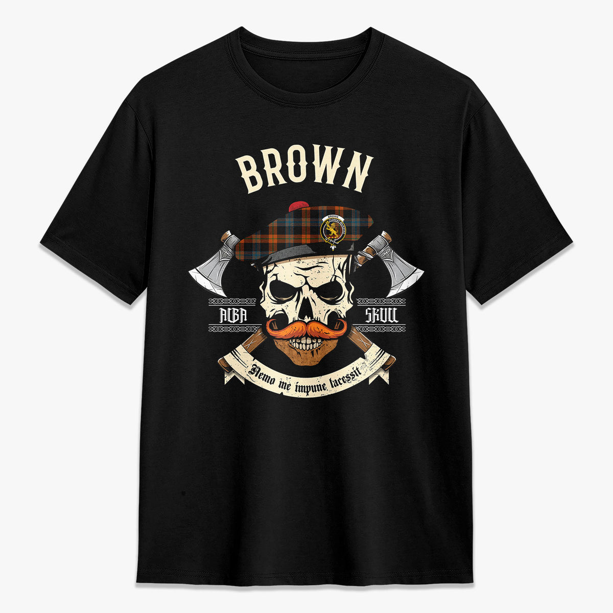 Brown Ancient Tartan Crest 2D T-shirt - Alba Skull Style