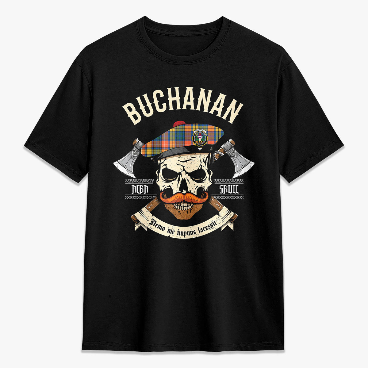 Buchanan Ancient Tartan Crest 2D T-shirt - Alba Skull Style