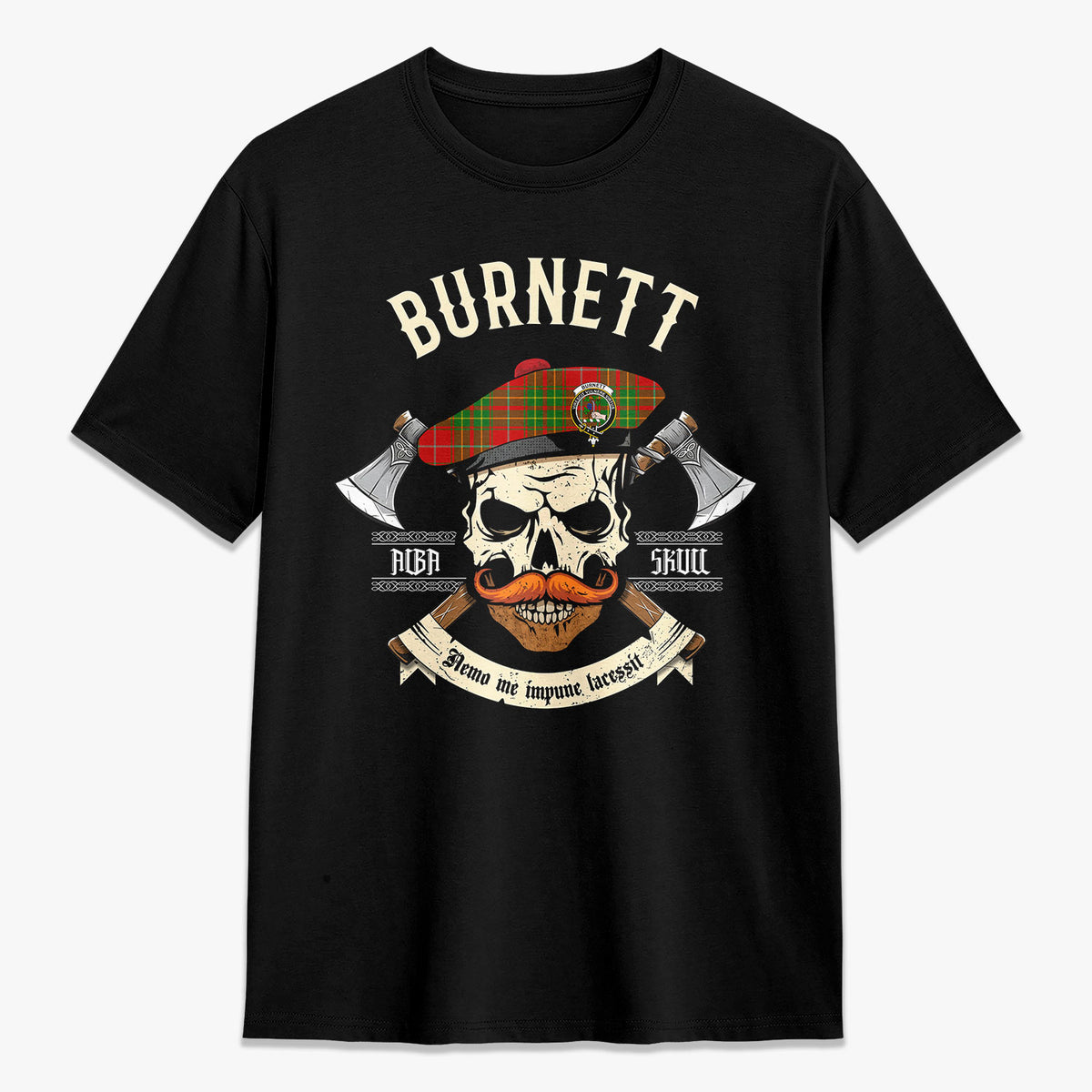 Burnett Ancient Tartan Crest 2D T-shirt - Alba Skull Style