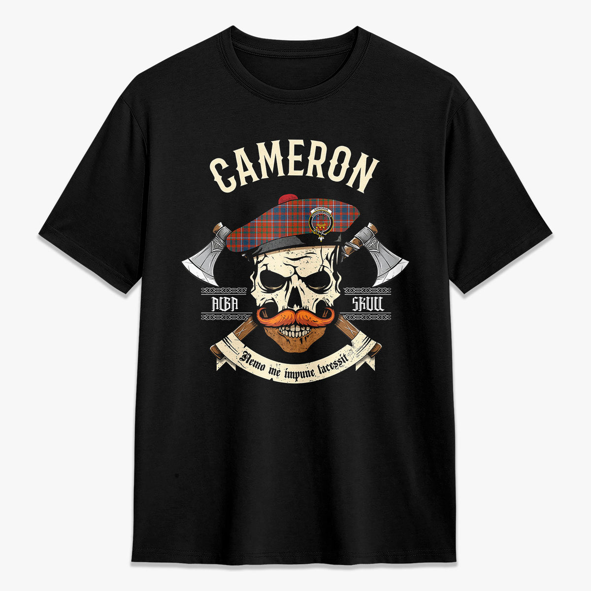 Cameron of Lochiel Ancient Tartan Crest 2D T-shirt - Alba Skull Style