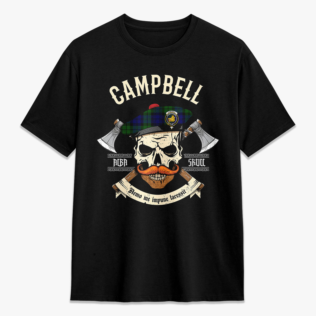 Campbell Modern Tartan Crest 2D T-shirt - Alba Skull Style