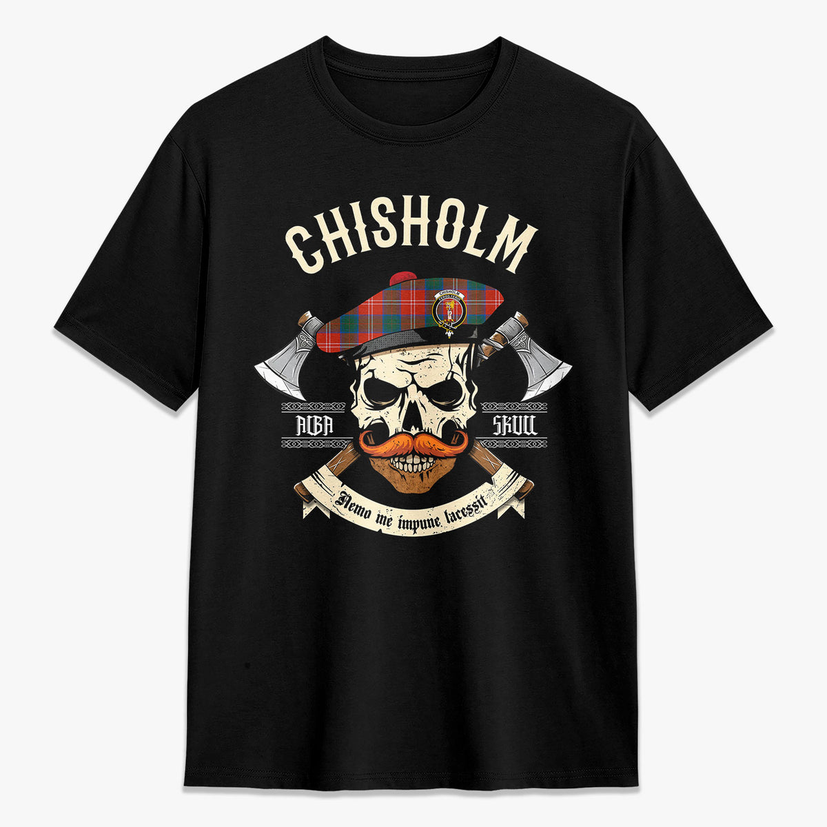 Chisholm Ancient Tartan Crest 2D T-shirt - Alba Skull Style