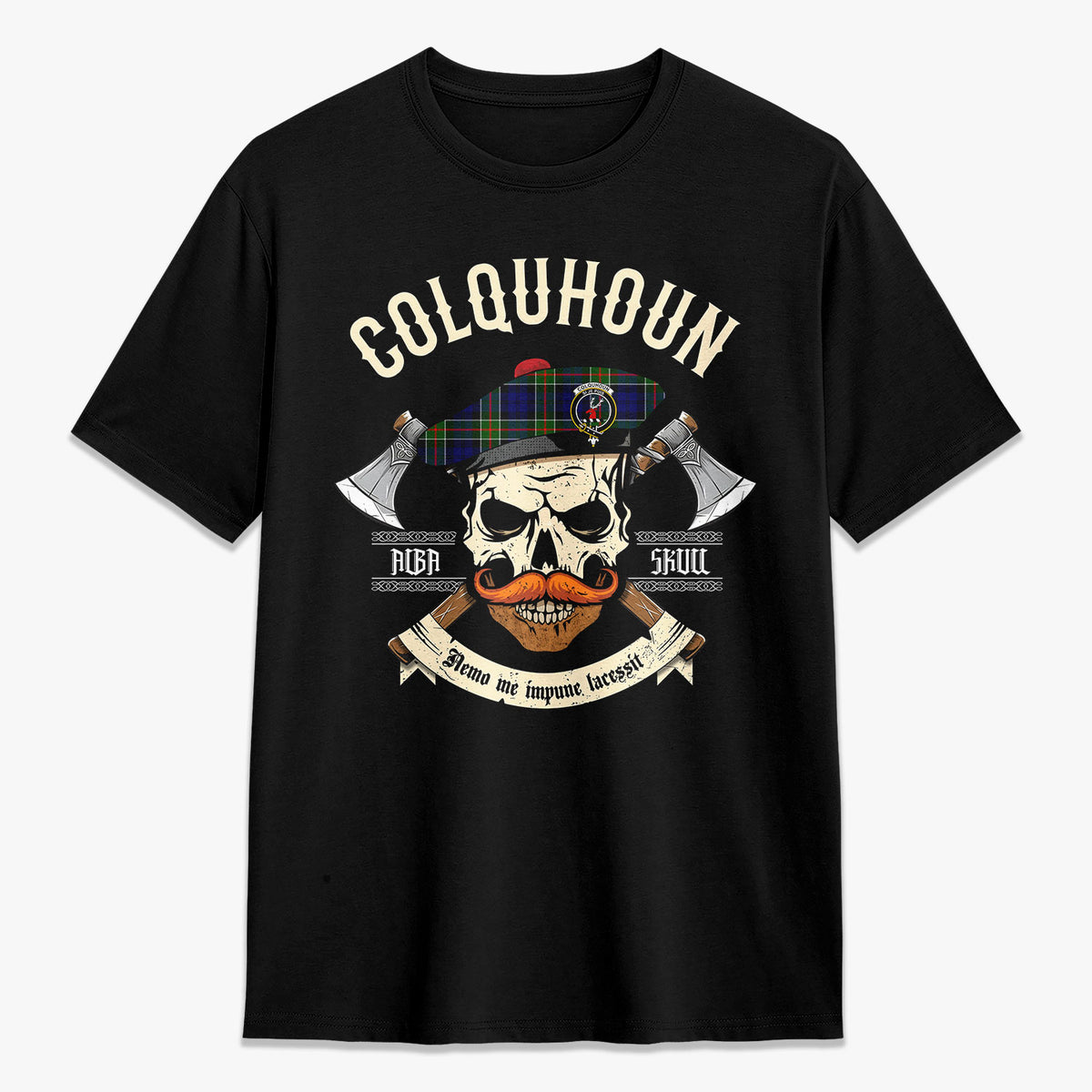 Colquhoun Modern Tartan Crest 2D T-shirt - Alba Skull Style