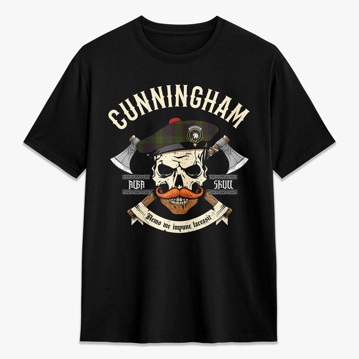 Cunningham Hunting Modern Tartan Crest 2D T-shirt - Alba Skull Style