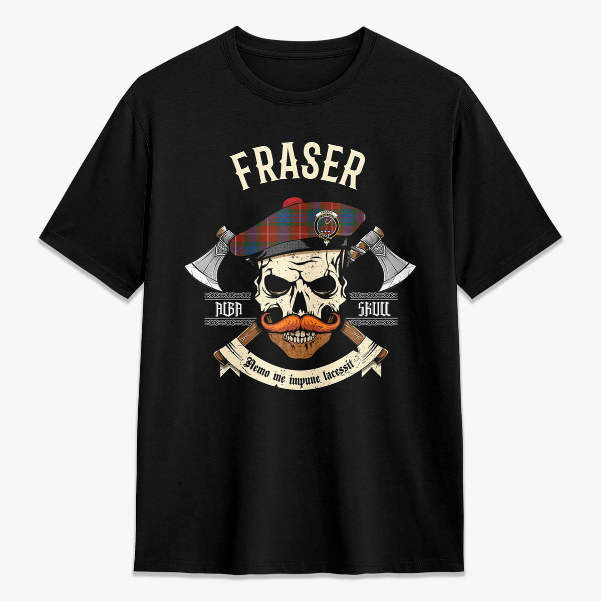 Fraser (of Lovat) Ancient Tartan Crest 2D T-shirt - Alba Skull Style