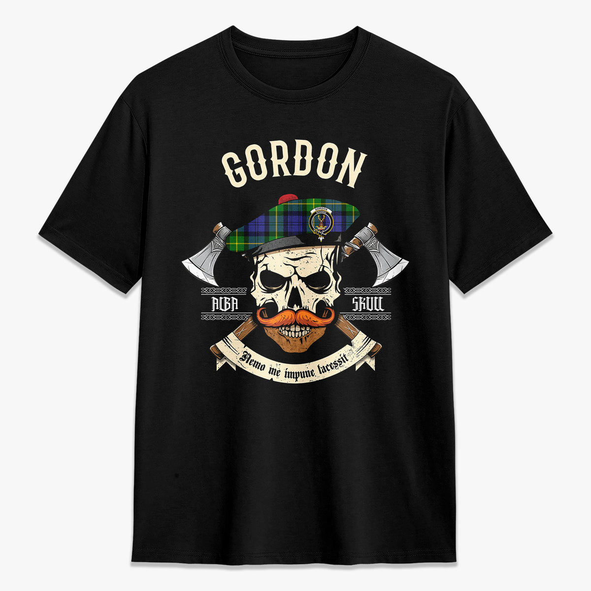 Gordon Modern Tartan Crest 2D T-shirt - Alba Skull Style