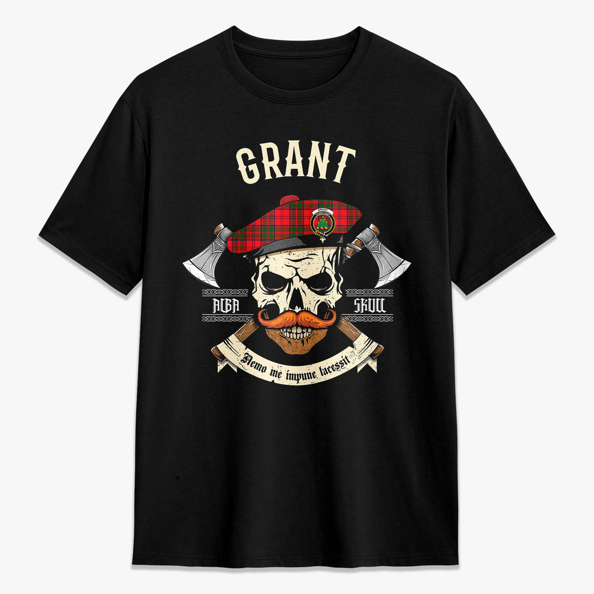 Grant Modern Tartan Crest 2D T-shirt - Alba Skull Style