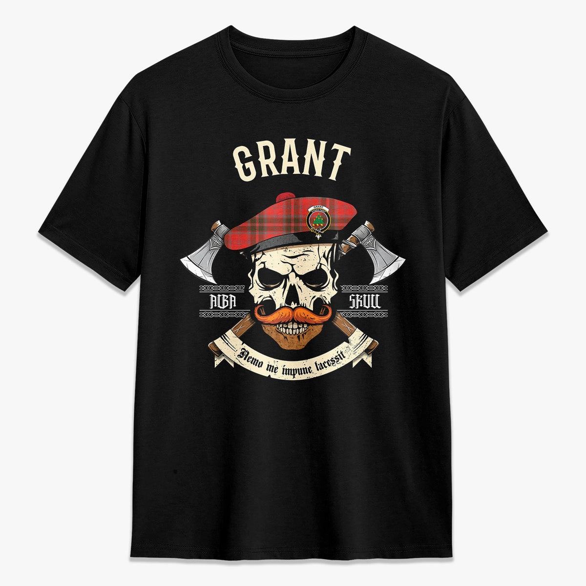 Grant Weathered  Tartan Crest 2D T-shirt - Alba Skull Style