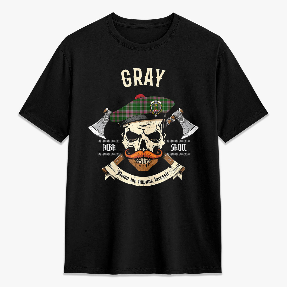 Gray Hunting Tartan Crest 2D T-shirt - Alba Skull Style