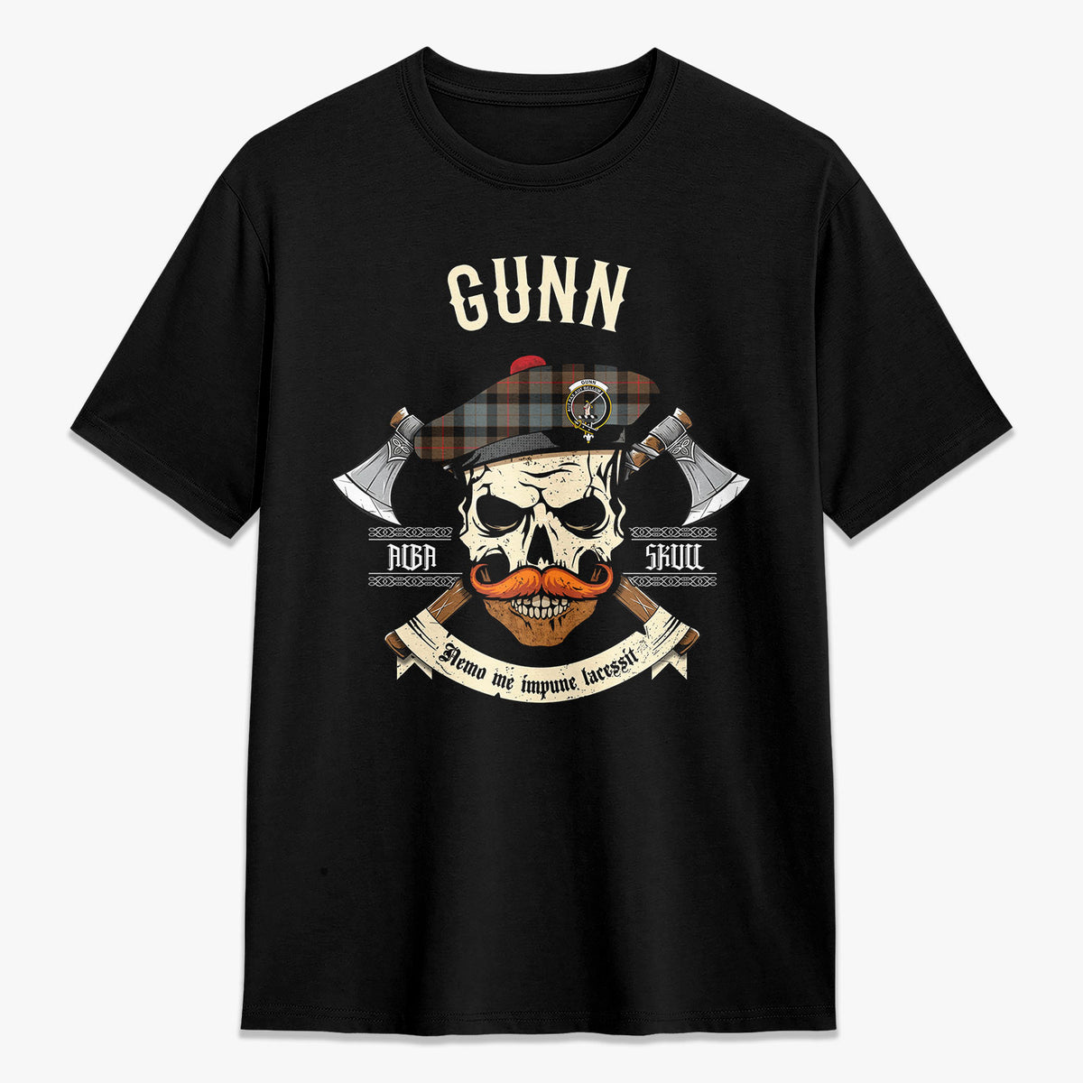 Gunn Weathered Tartan Crest 2D T-shirt - Alba Skull Style