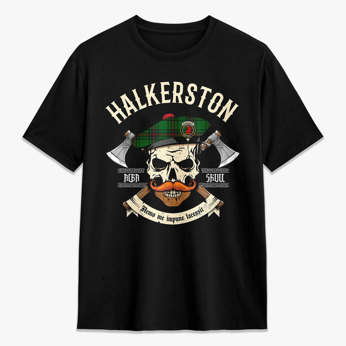 Halkerston Tartan Crest 2D T-shirt - Alba Skull Style