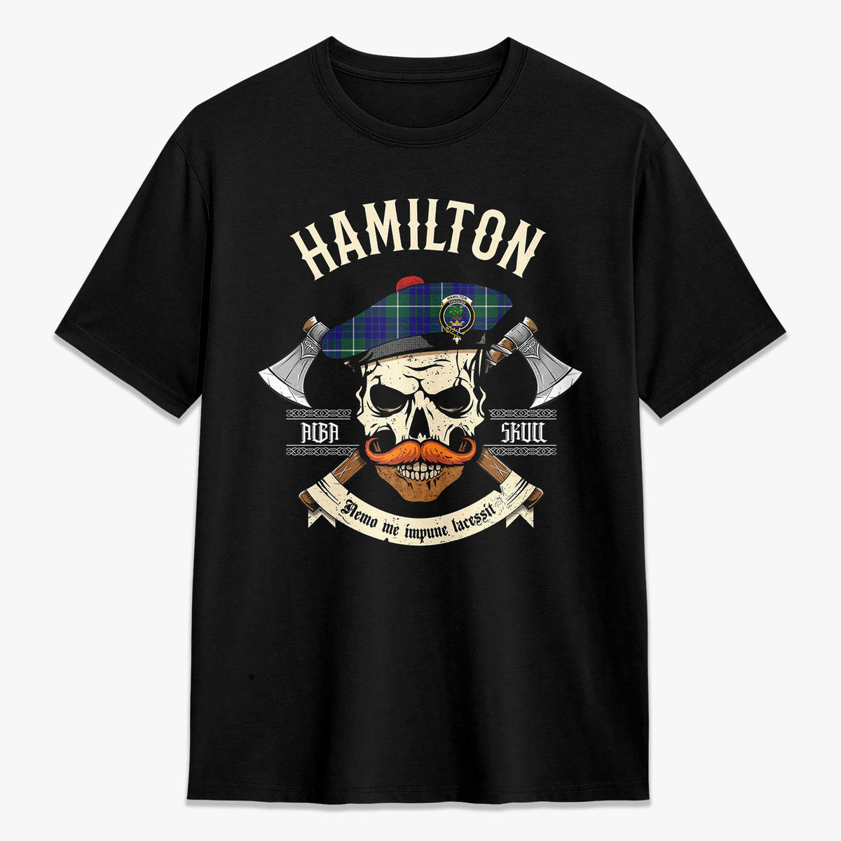 Hamilton Hunting Modern Tartan Crest 2D T-shirt - Alba Skull Style