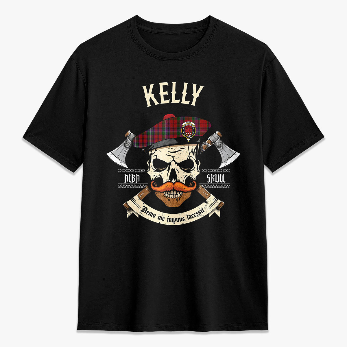 Kelly of Sleat Red Tartan Crest 2D T-shirt - Alba Skull Style