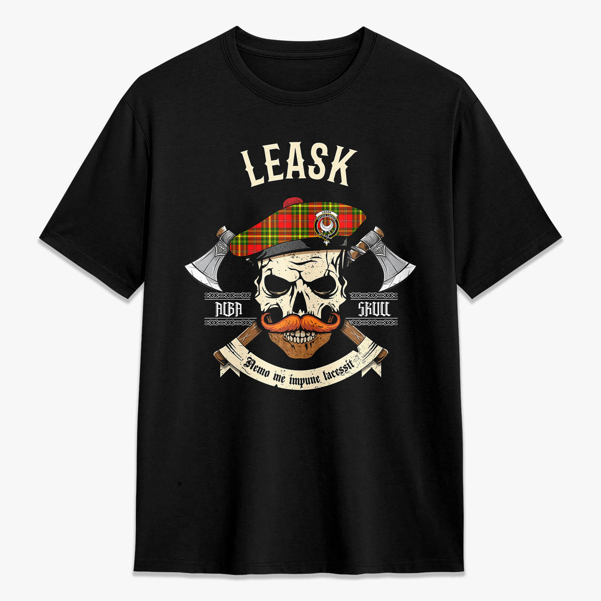 Leask Tartan Crest 2D T-shirt - Alba Skull Style