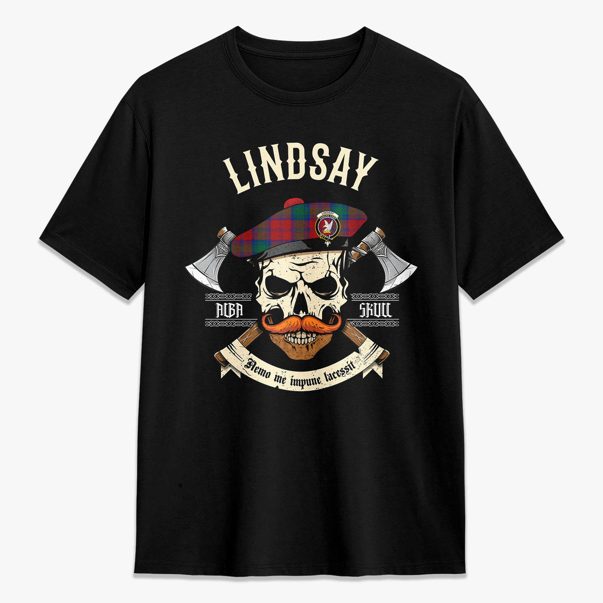 Lindsay Modern Tartan Crest 2D T-shirt - Alba Skull Style