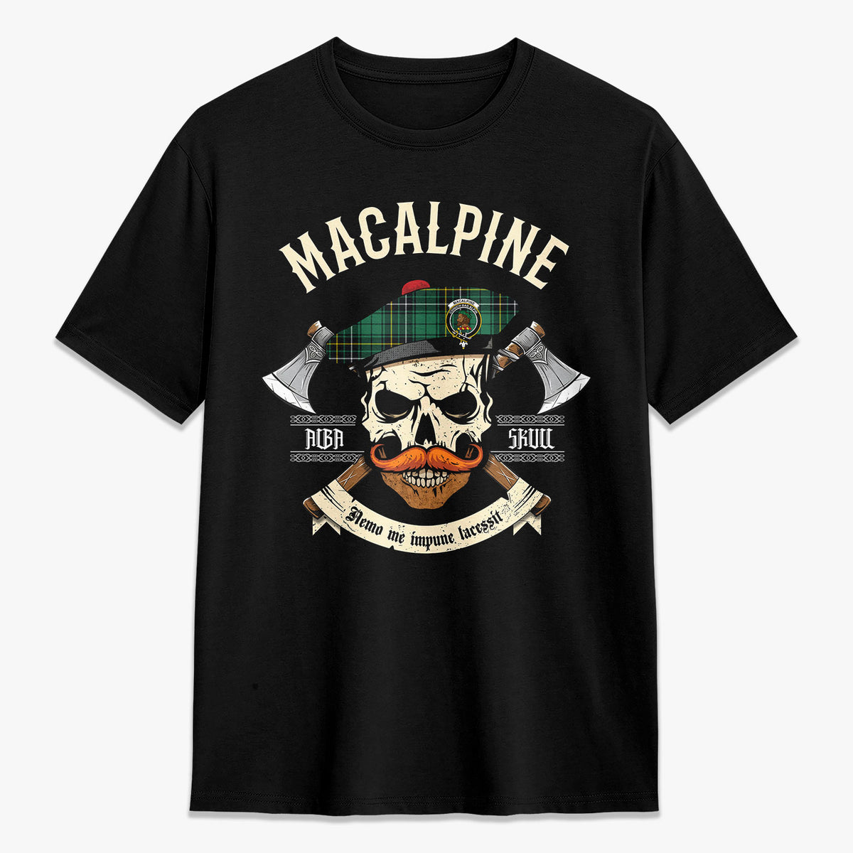 MacAlpine Ancient Tartan Crest 2D T-shirt - Alba Skull Style