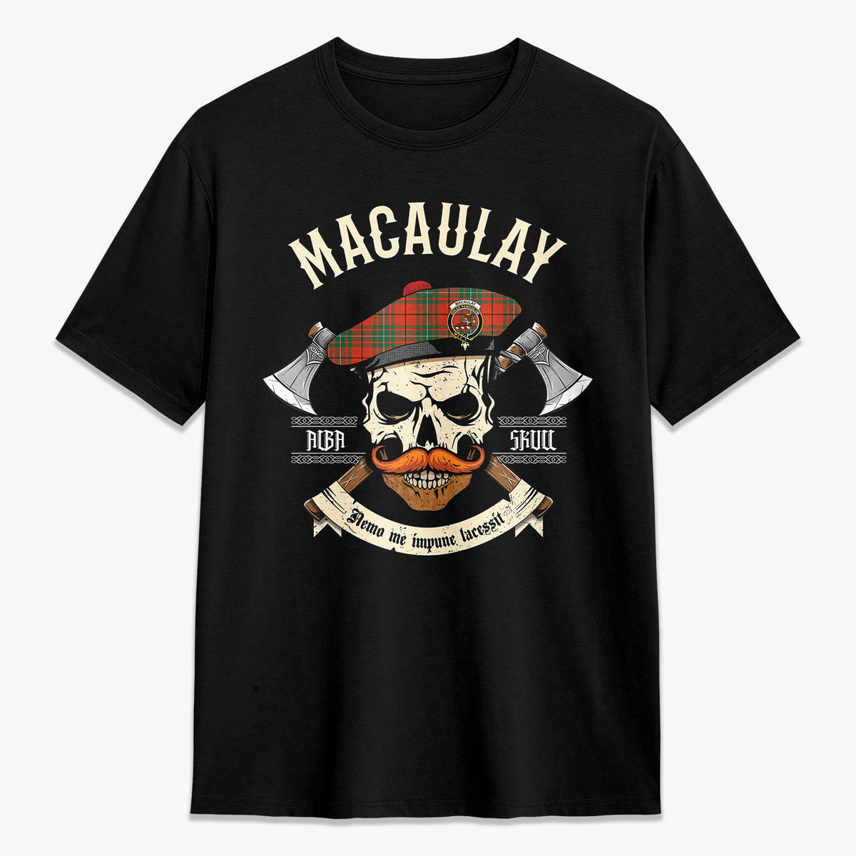 MacAulay Ancient Tartan Crest 2D T-shirt - Alba Skull Style