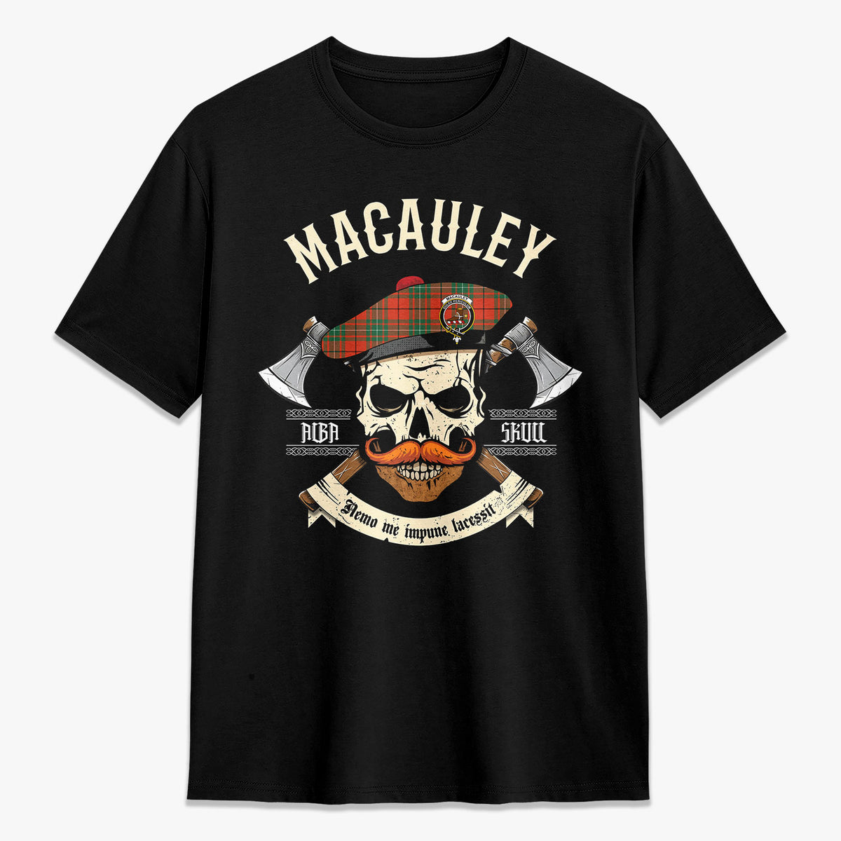 MacAuley Ancient Tartan Crest 2D T-shirt - Alba Skull Style