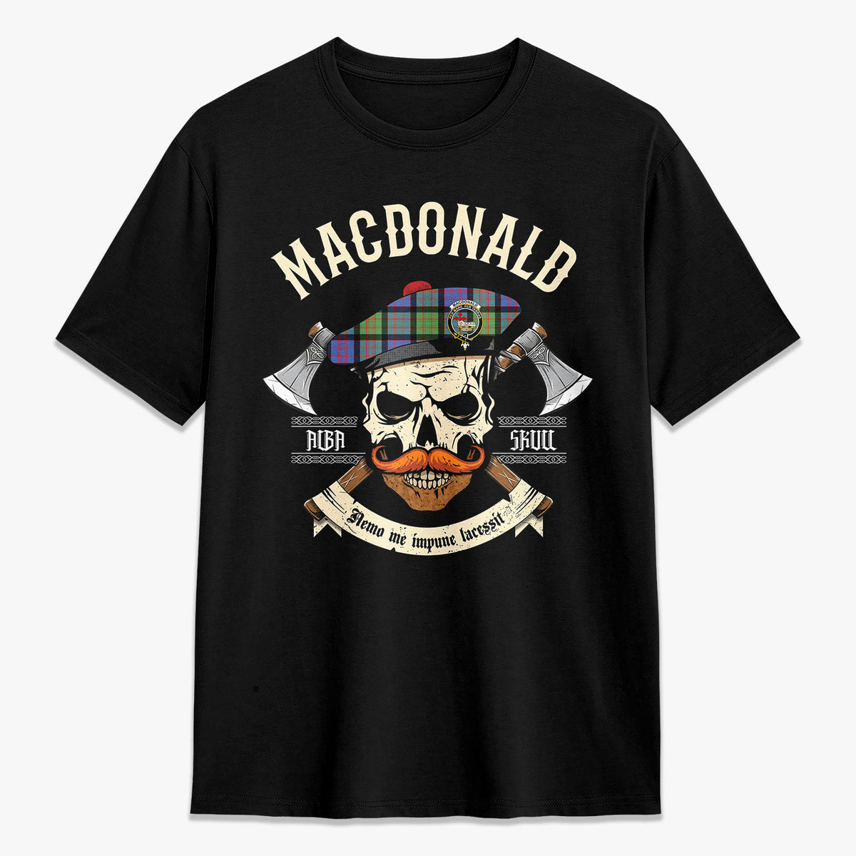 MacDonald Ancient Tartan Crest 2D T-shirt - Alba Skull Style