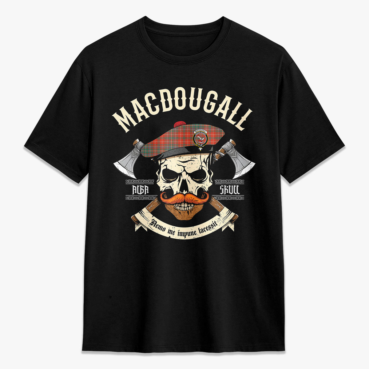 MacDougall Ancient Tartan Crest 2D T-shirt - Alba Skull Style