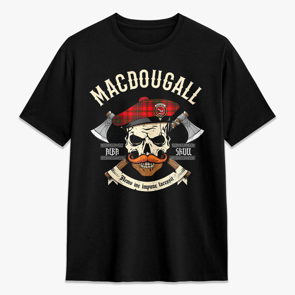 MacDougall Modern Tartan Crest 2D T-shirt - Alba Skull Style