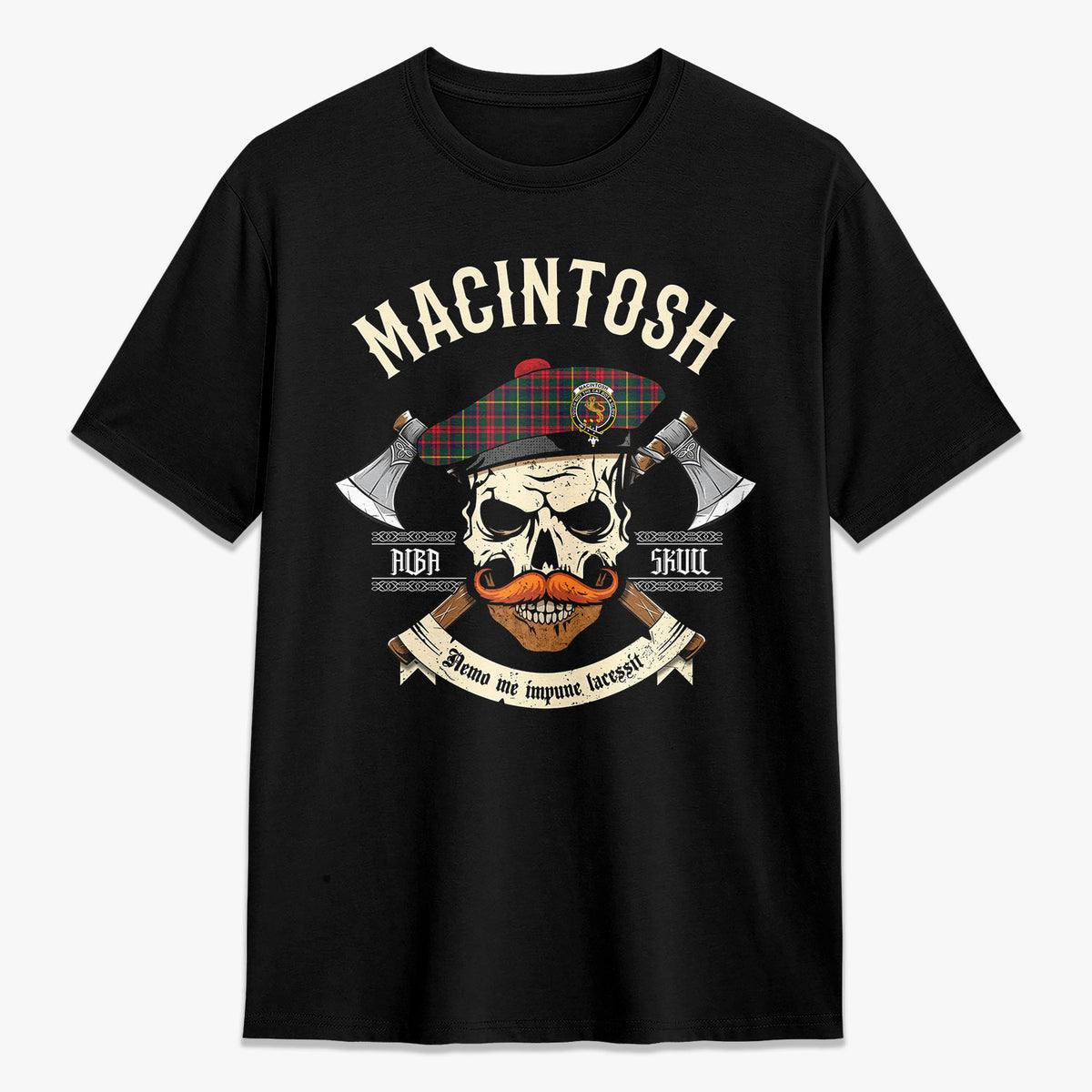 MacIntosh Hunting Modern Tartan Crest 2D T-shirt - Alba Skull Style