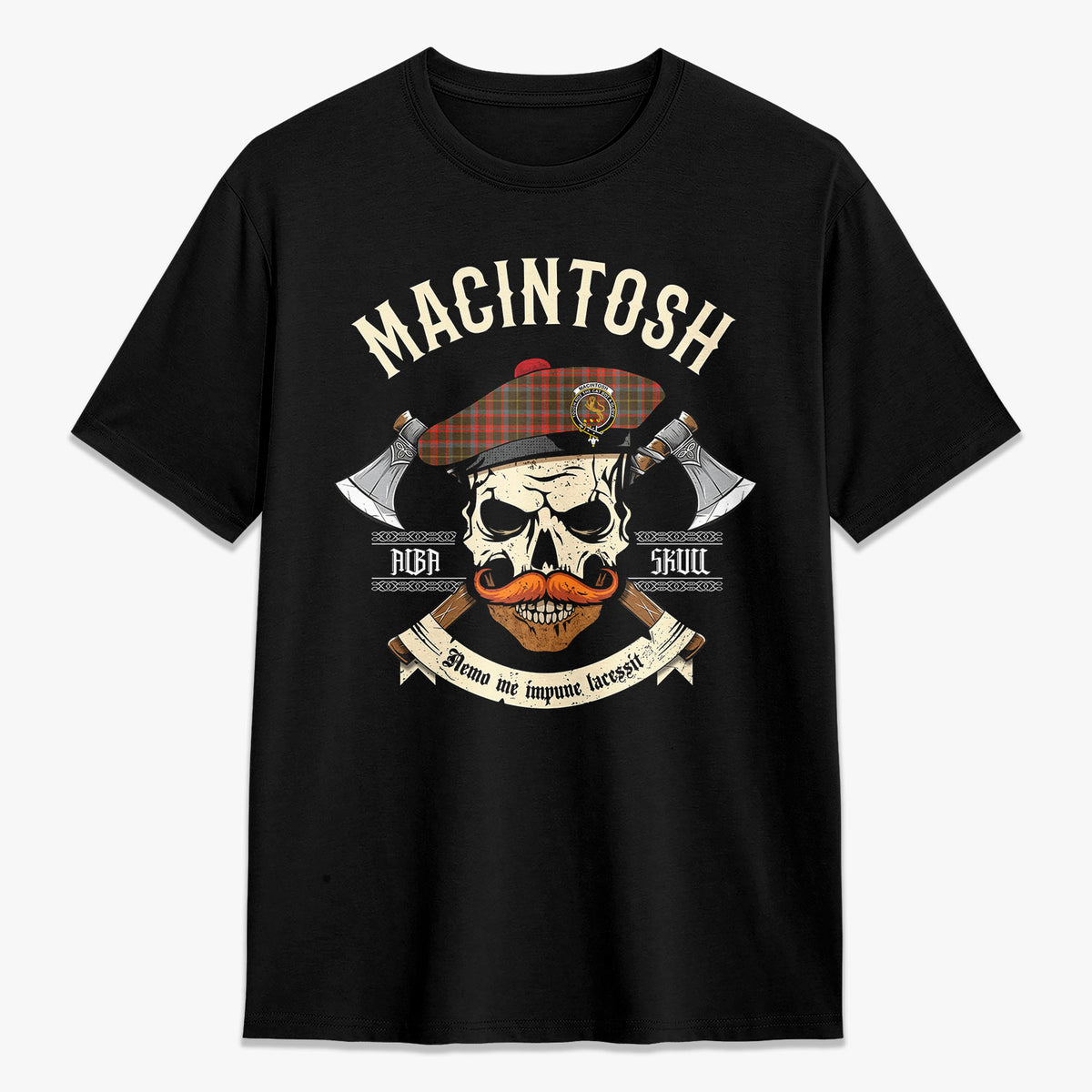 MacIntosh Hunting Weathered Tartan Crest 2D T-shirt - Alba Skull Style