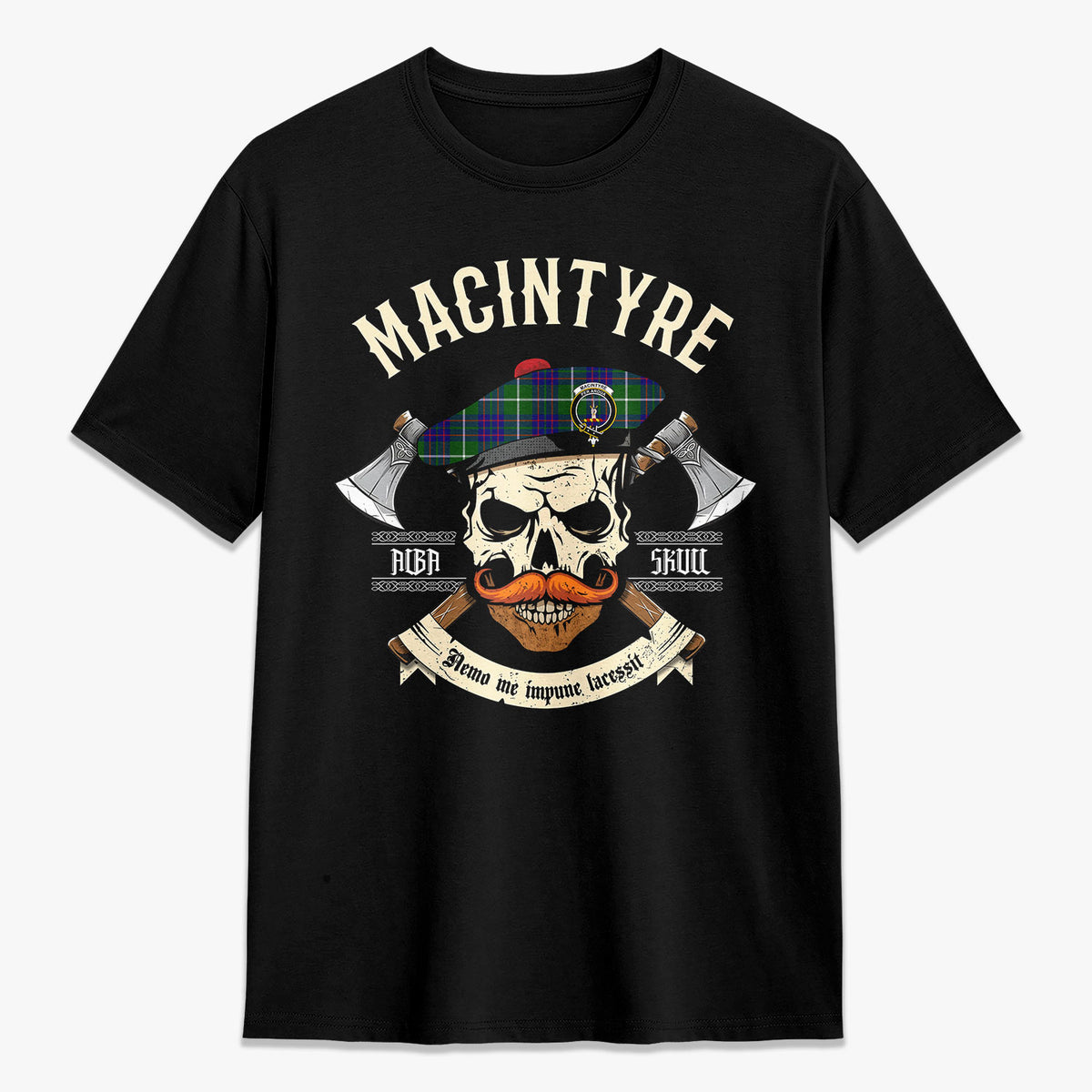 MacIntyre Hunting Modern Tartan Crest 2D T-shirt - Alba Skull Style