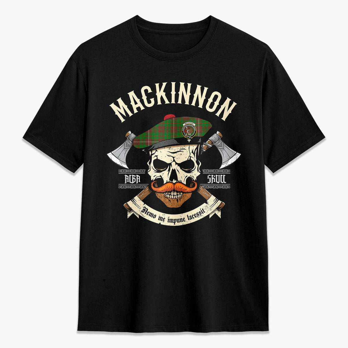 MacKinnon Hunting Modern Tartan Crest 2D T-shirt - Alba Skull Style