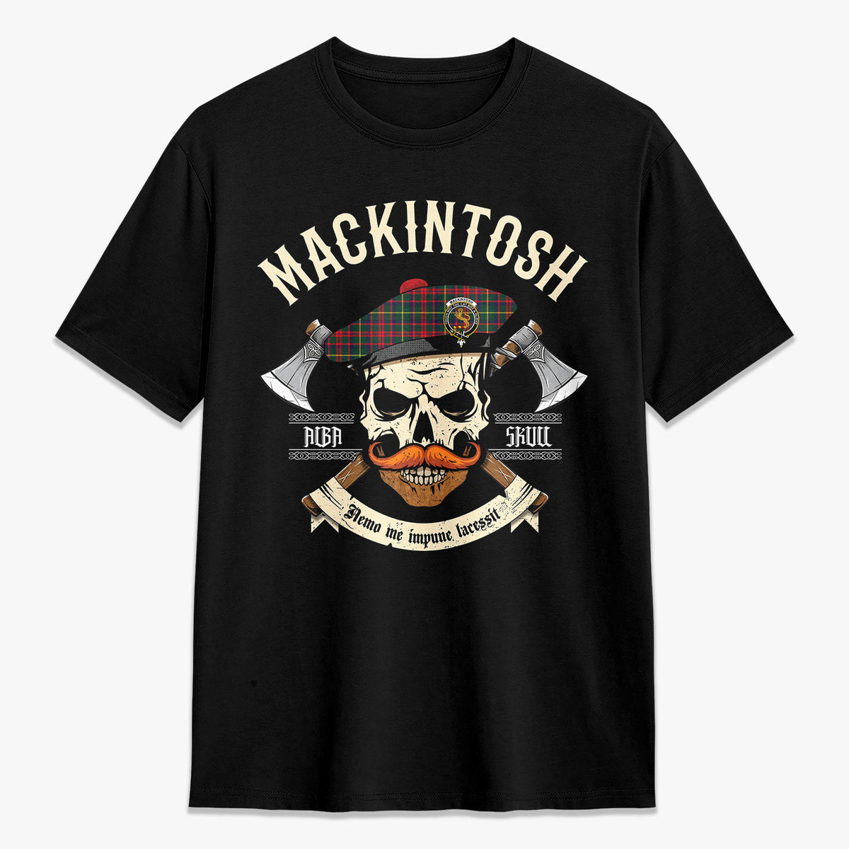 MacKintosh Hunting Modern Tartan Crest 2D T-shirt - Alba Skull Style