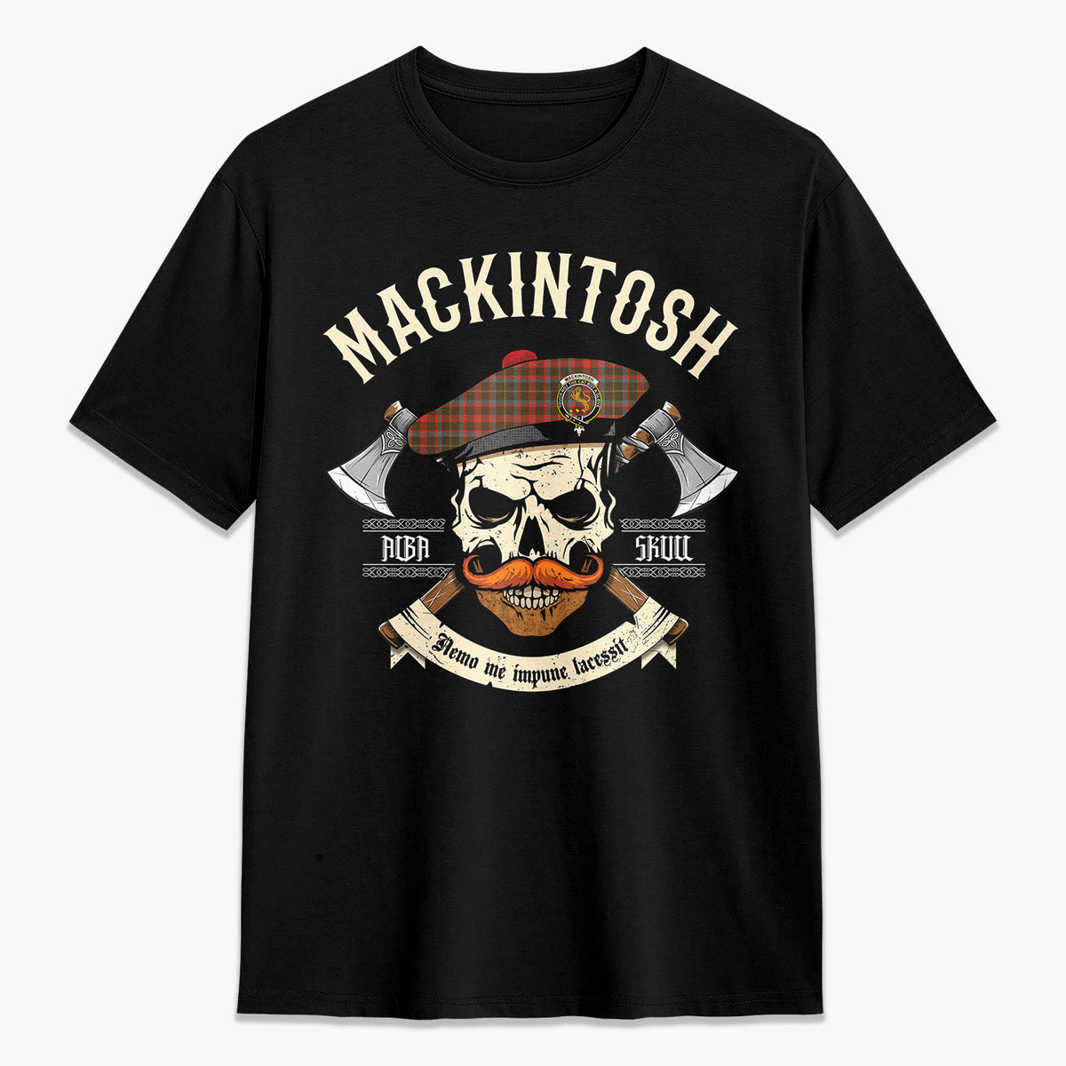 MacKintosh Hunting Weathered Tartan Crest 2D T-shirt - Alba Skull Style