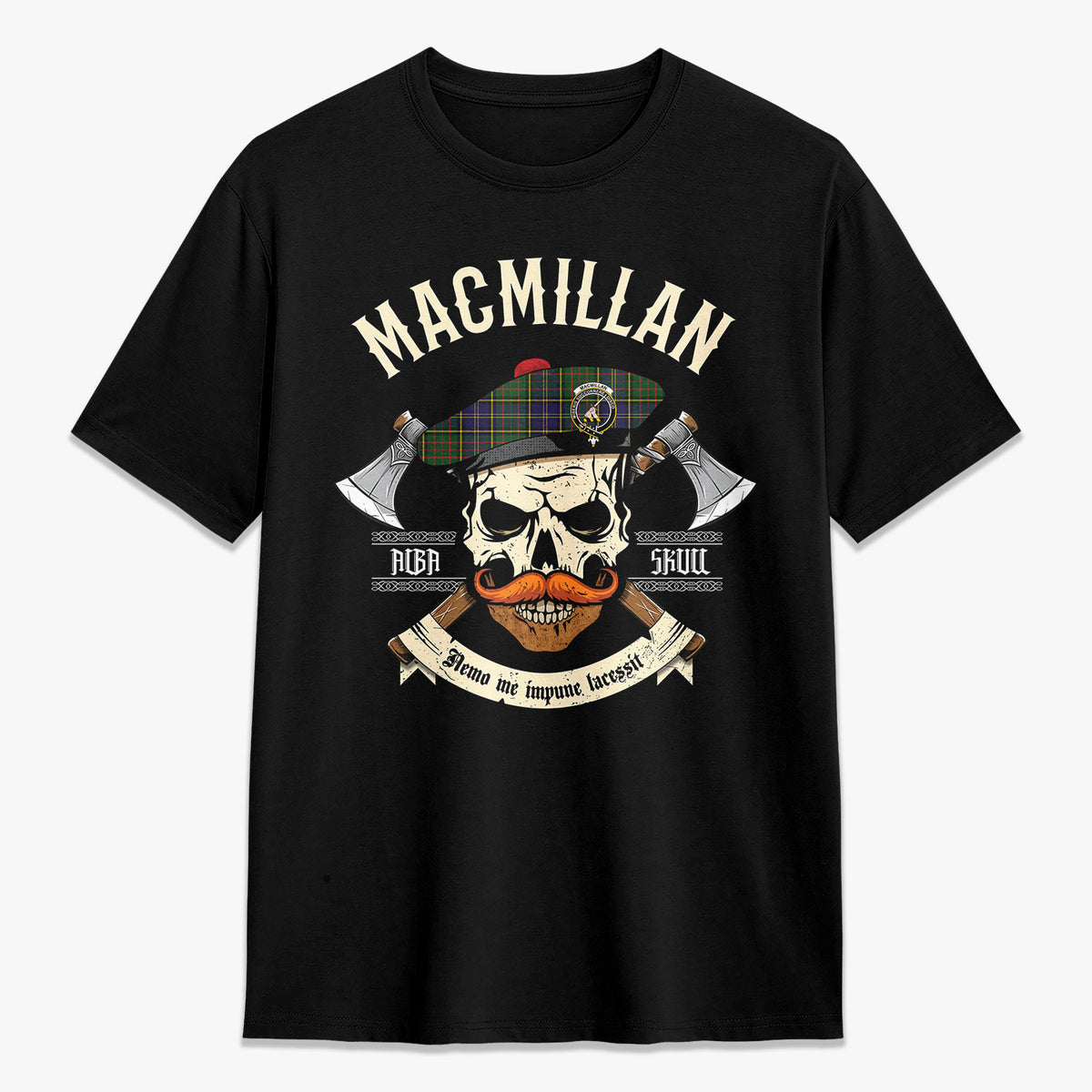 MacMillan Hunting Modern Tartan Crest 2D T-shirt - Alba Skull Style