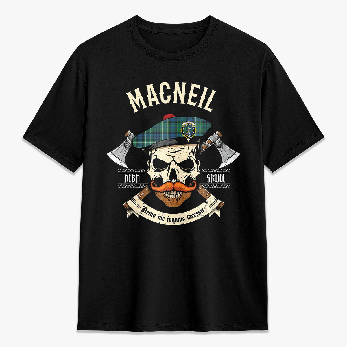 MacNeil of Colonsay Ancient Tartan Crest 2D T-shirt - Alba Skull Style