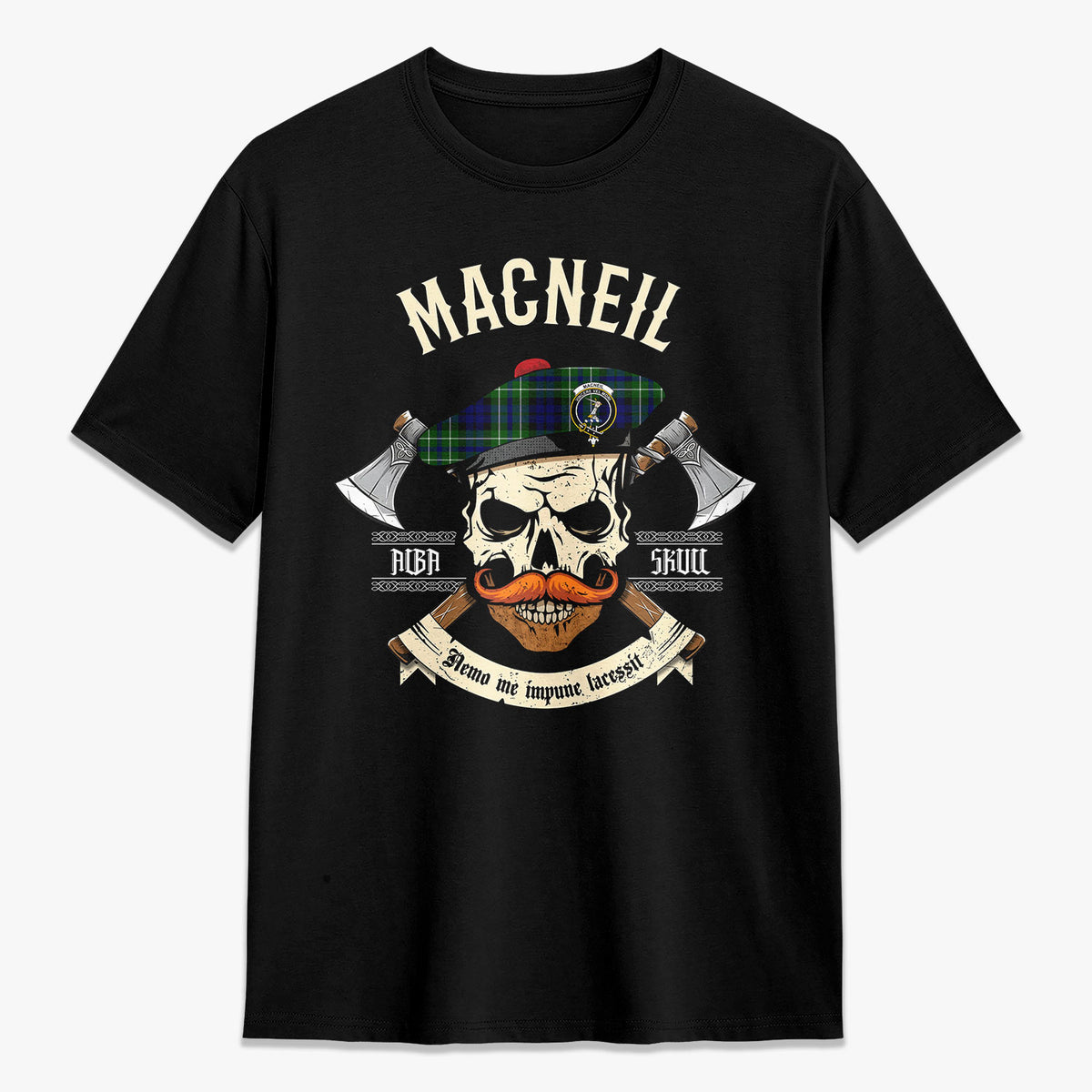 MacNeil of Colonsay Modern Tartan Crest 2D T-shirt - Alba Skull Style