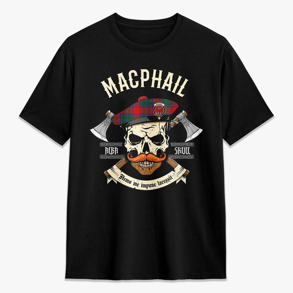 MacPhail Clan Tartan Crest 2D T-shirt - Alba Skull Style