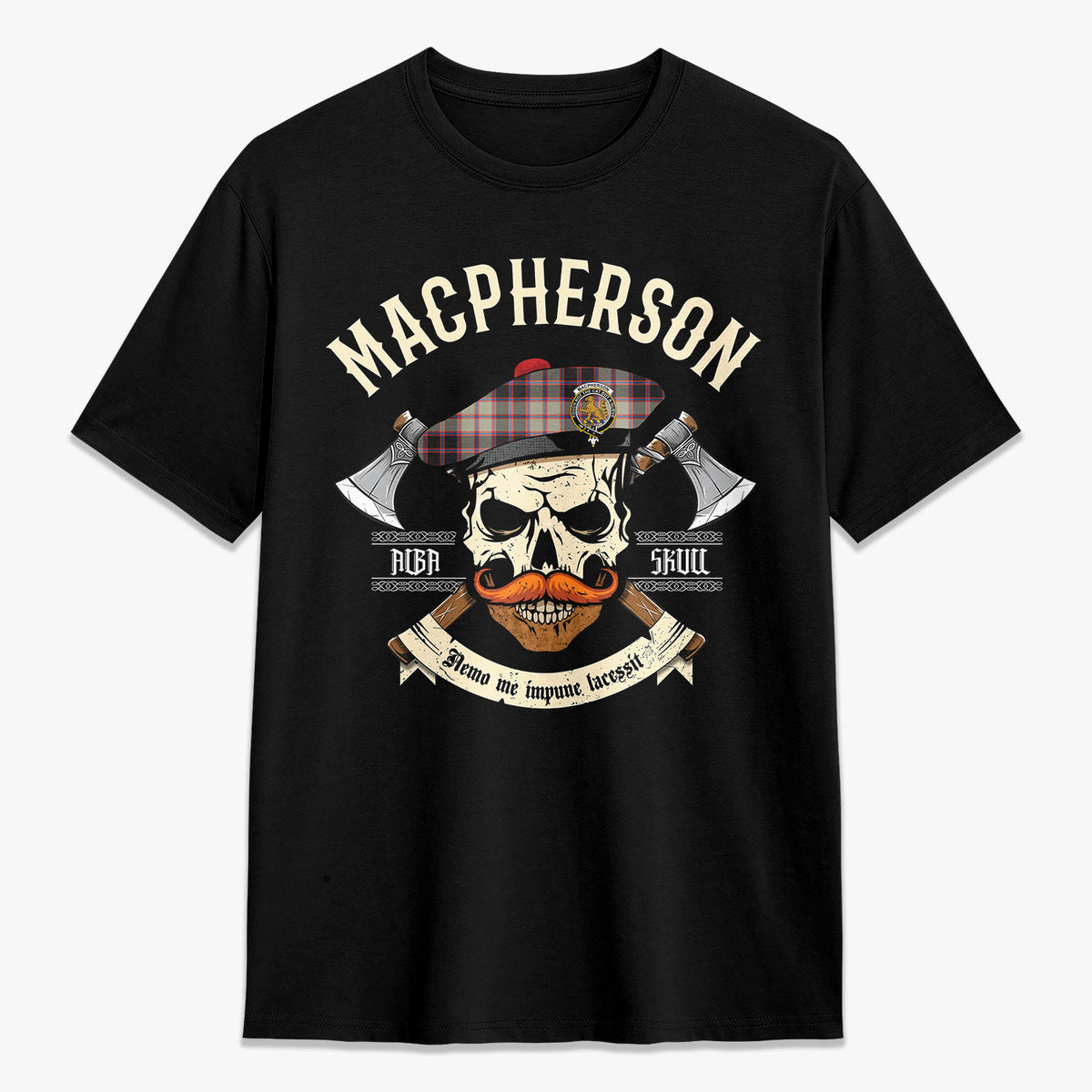 MacPherson Hunting Ancient Tartan Crest 2D T-shirt - Alba Skull Style