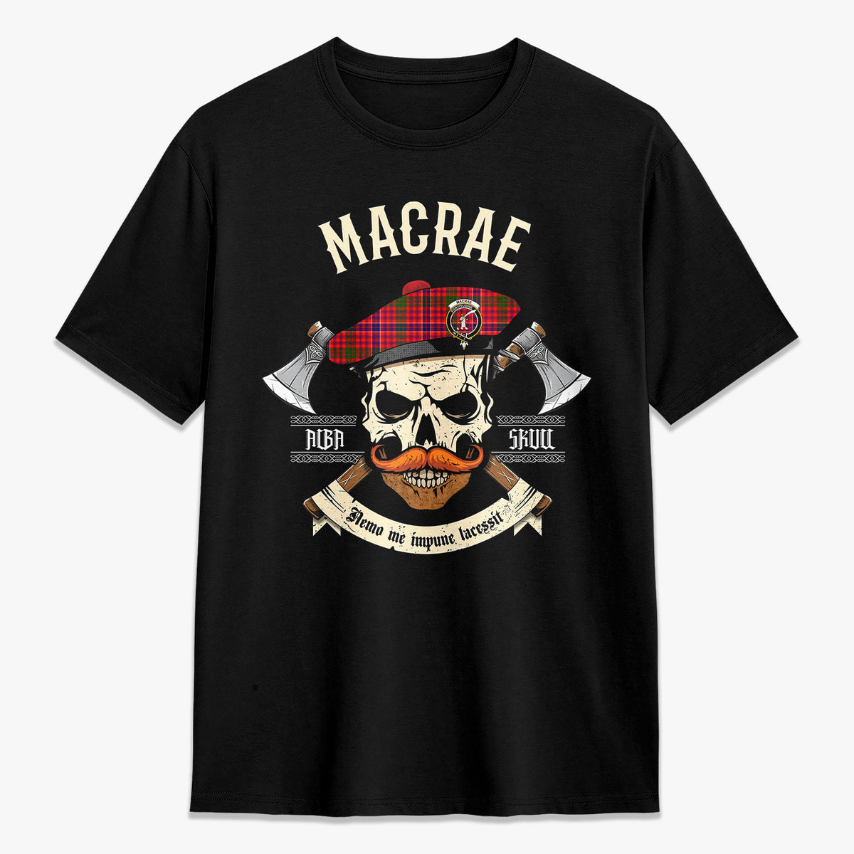 MacRae Modern Tartan Crest 2D T-shirt - Alba Skull Style