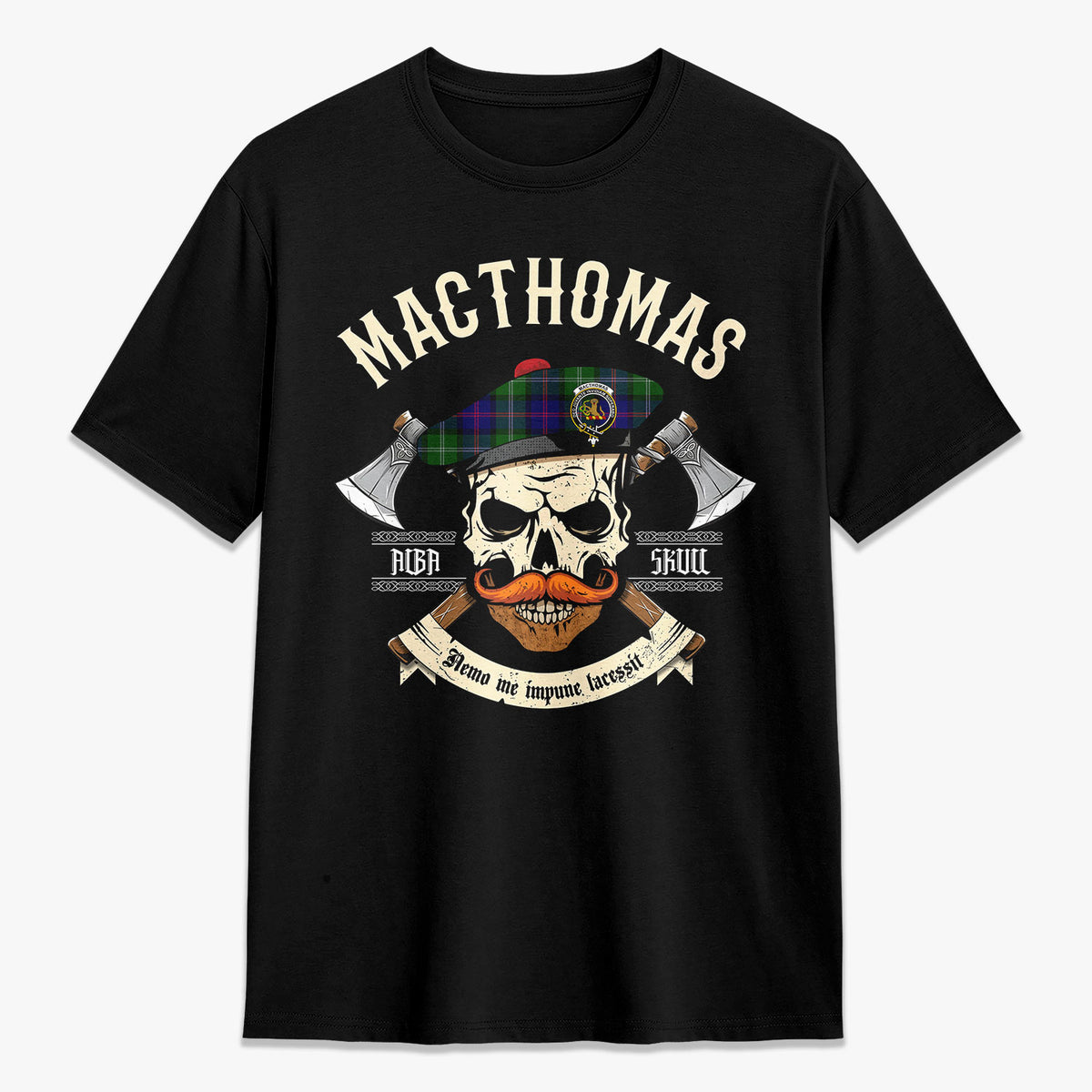 MacThomas Modern Tartan Crest 2D T-shirt - Alba Skull Style