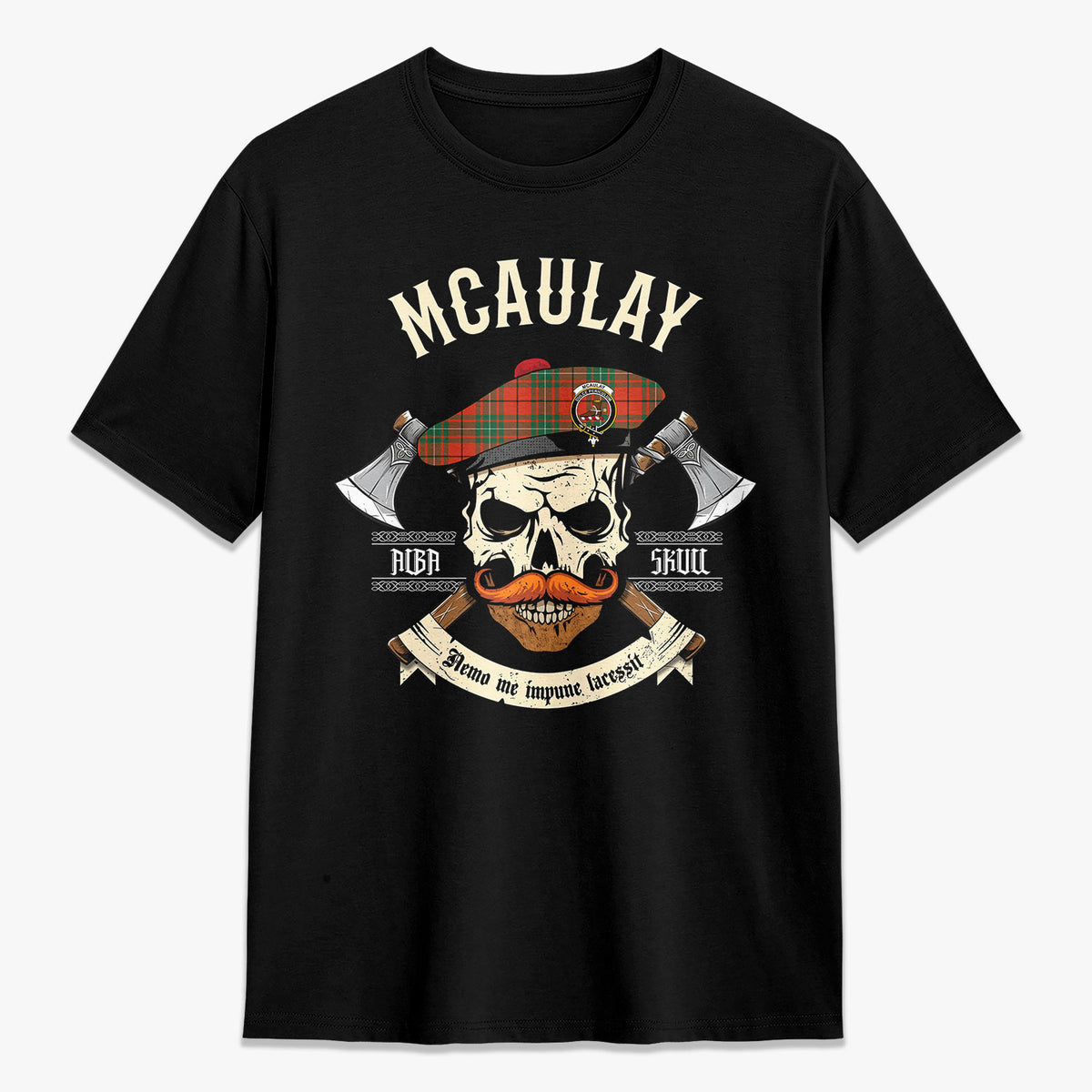 McAulay Ancient Tartan Crest 2D T-shirt - Alba Skull Style