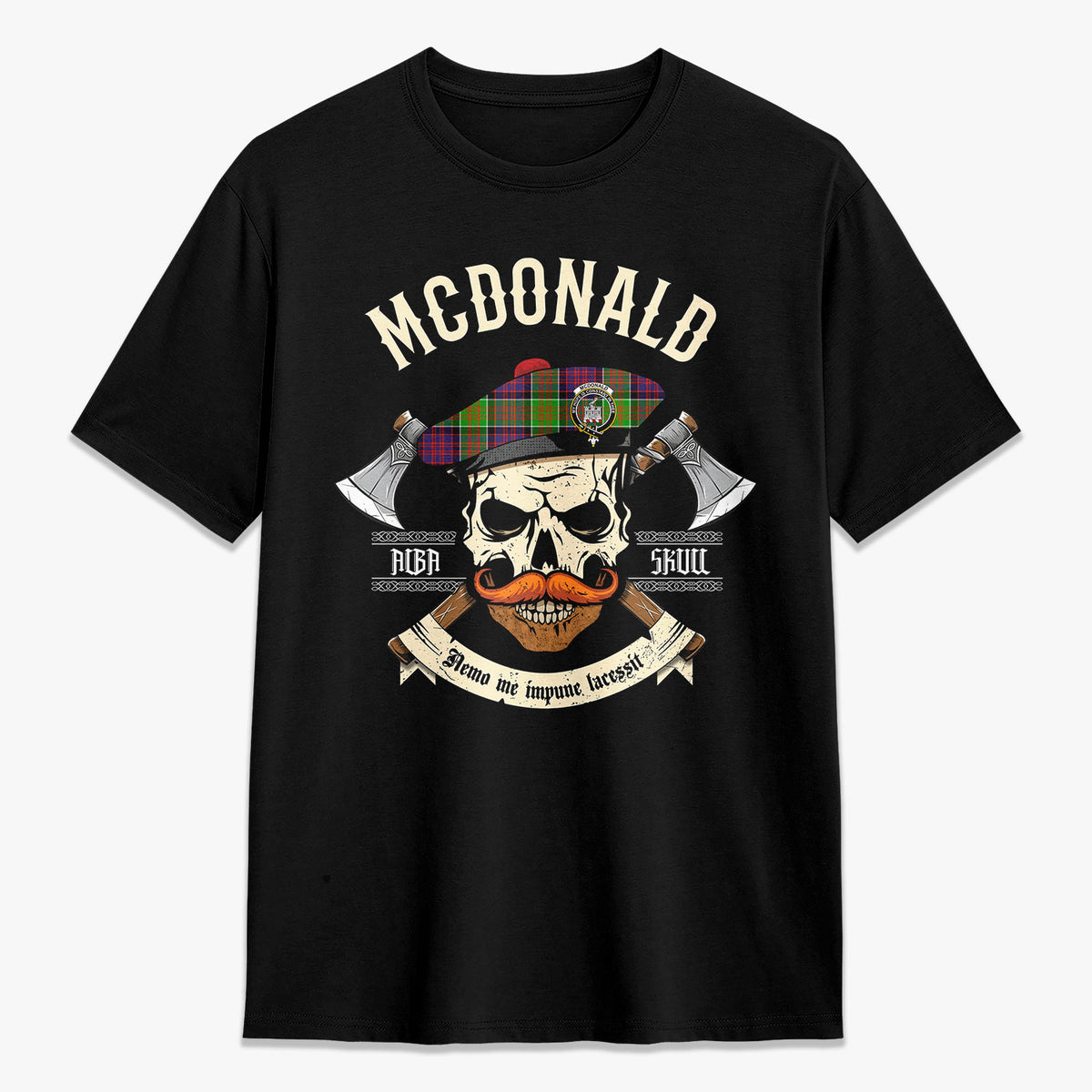 McDonald (Clan Ranald) Tartan Crest 2D T-shirt - Alba Skull Style