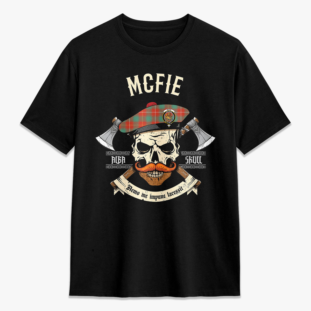 McFie Ancient Tartan Crest 2D T-shirt - Alba Skull Style