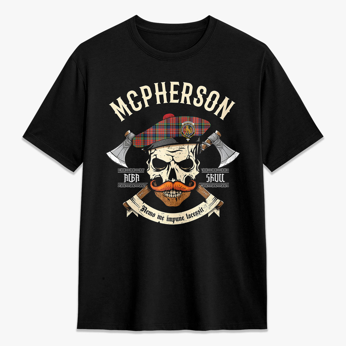 McPherson Ancient Tartan Crest 2D T-shirt - Alba Skull Style