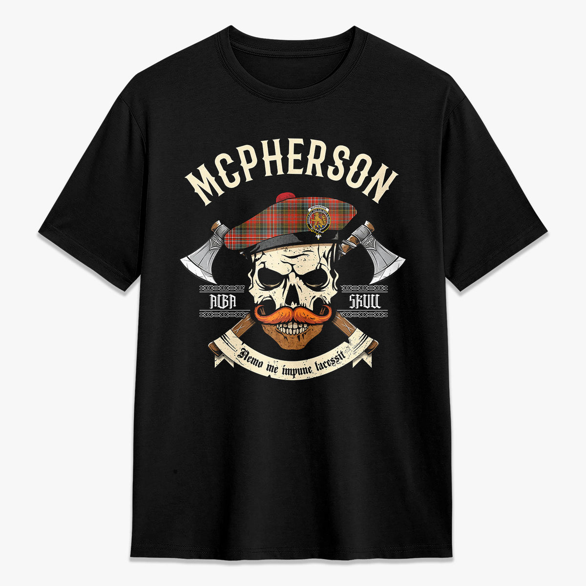 McPherson Weathered Tartan Crest 2D T-shirt - Alba Skull Style