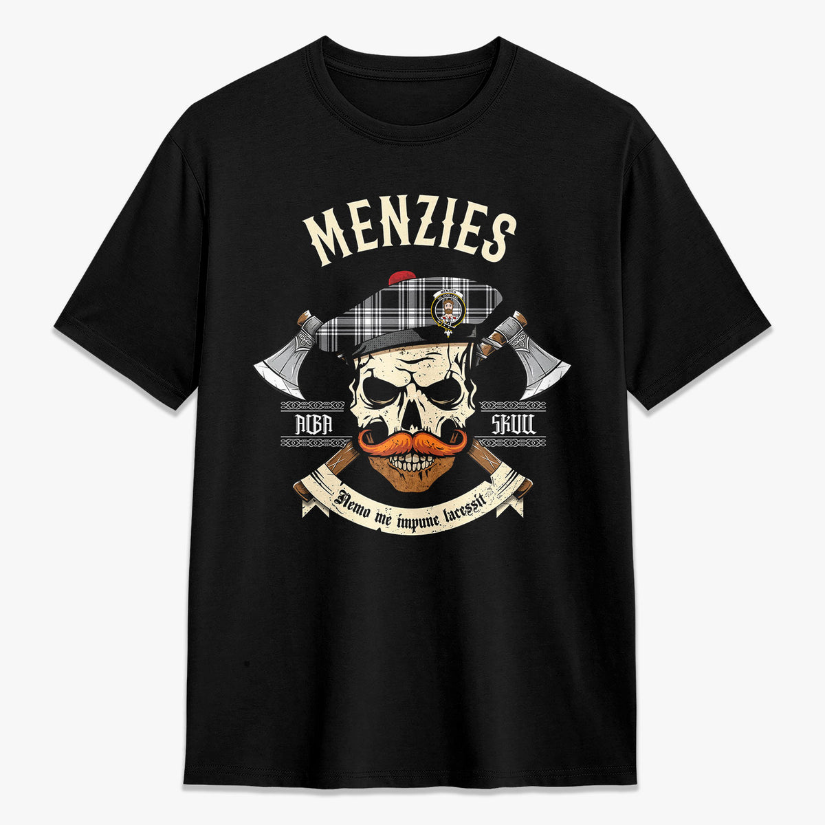 Menzies Black - White Modern Tartan Crest 2D T-shirt - Alba Skull Style