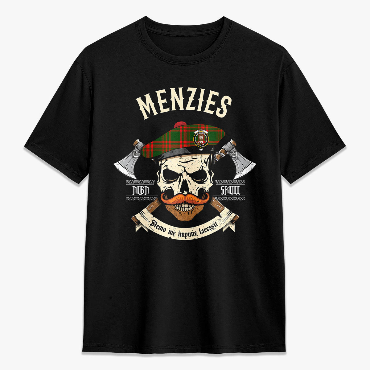 Menzies Green Modern Tartan Crest 2D T-shirt - Alba Skull Style