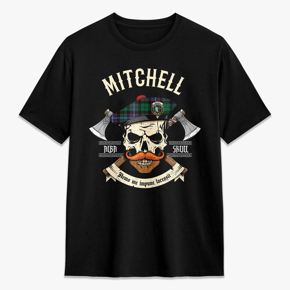 Mitchell Modern Tartan Crest 2D T-shirt - Alba Skull Style