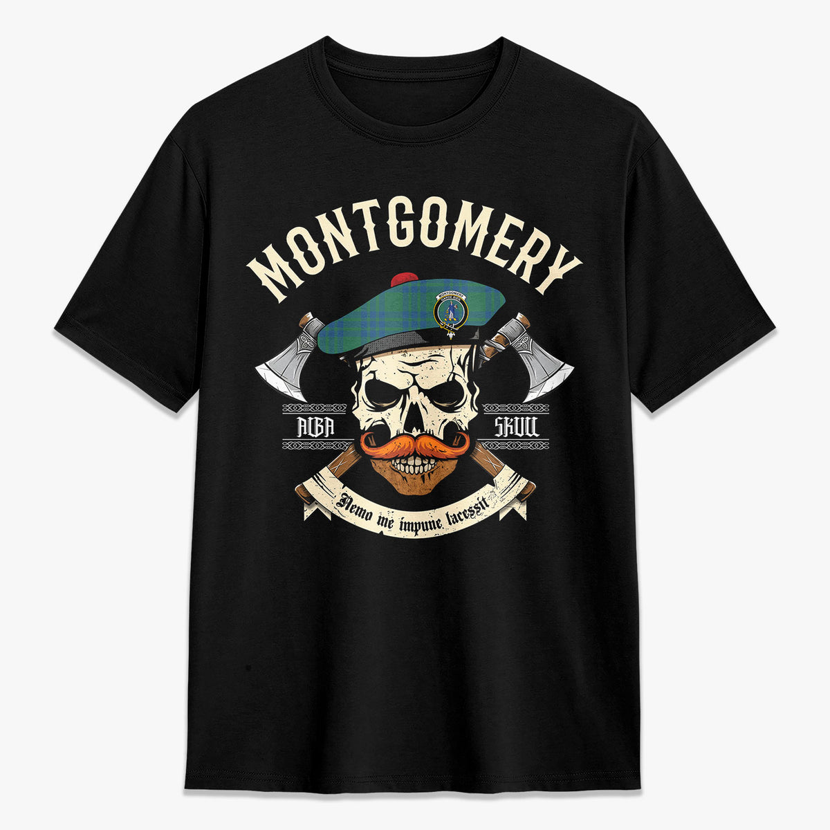 Montgomery Ancient Tartan Crest 2D T-shirt - Alba Skull Style