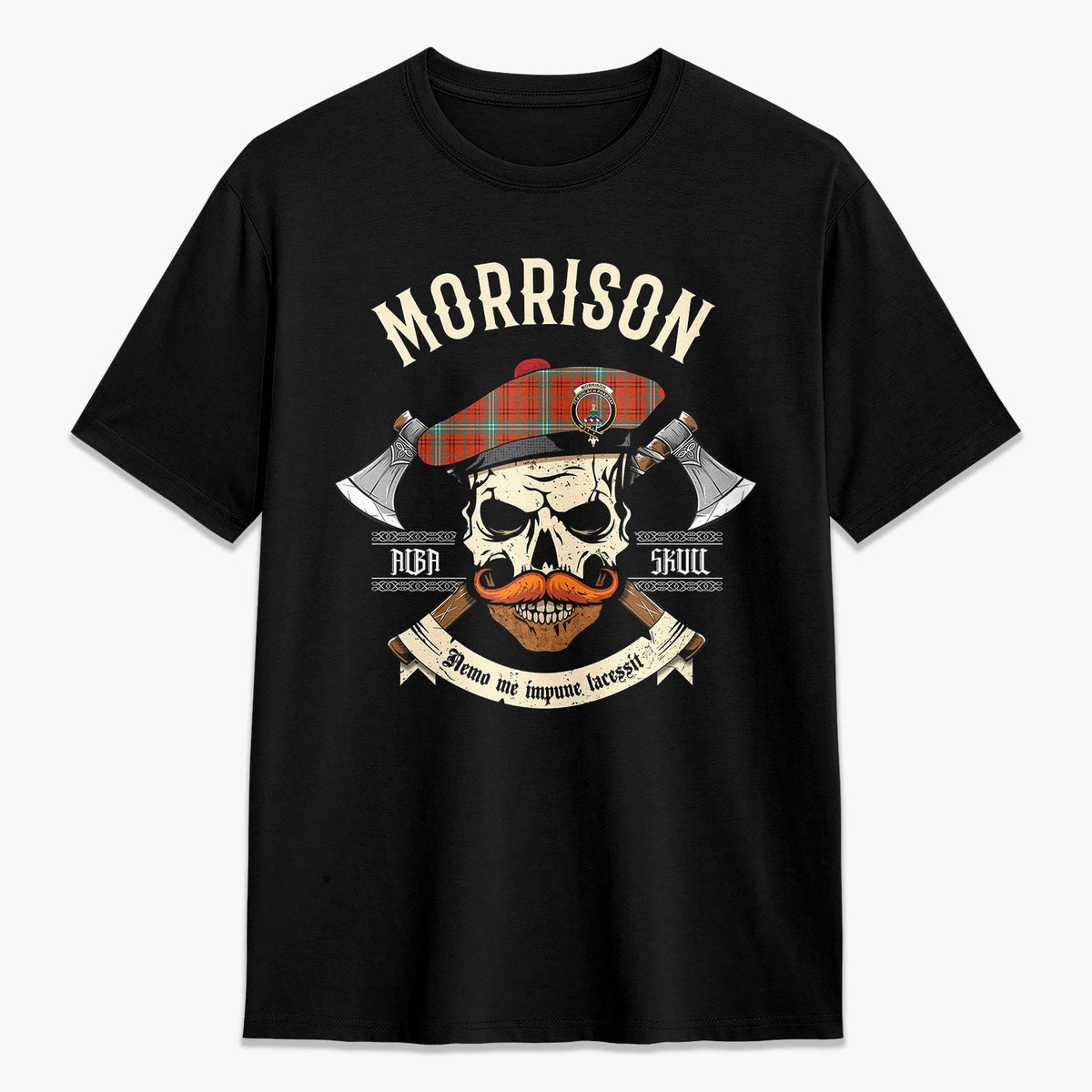 Morrison Red Ancient Tartan Crest 2D T-shirt - Alba Skull Style