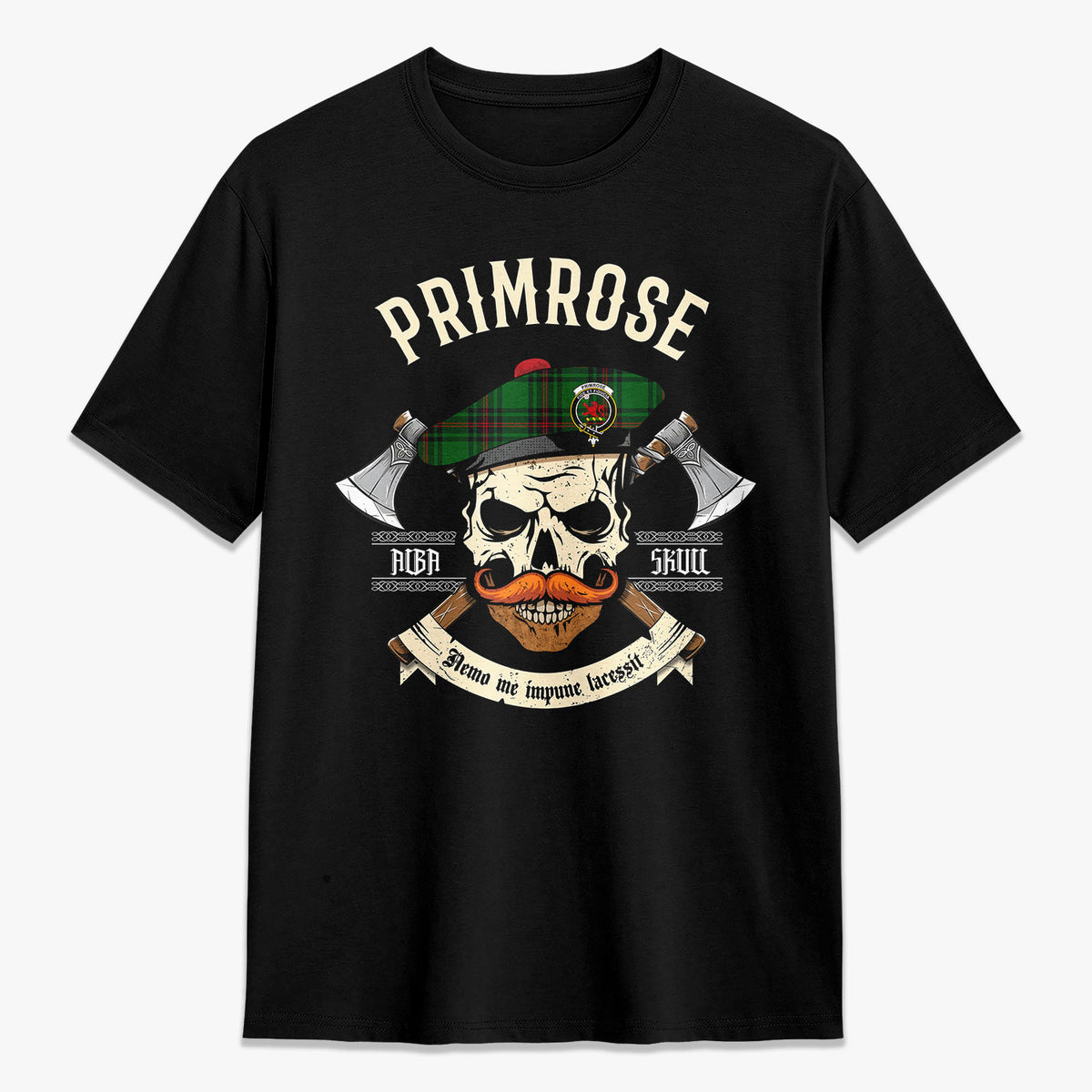 Primrose Tartan Crest 2D T-shirt - Alba Skull Style